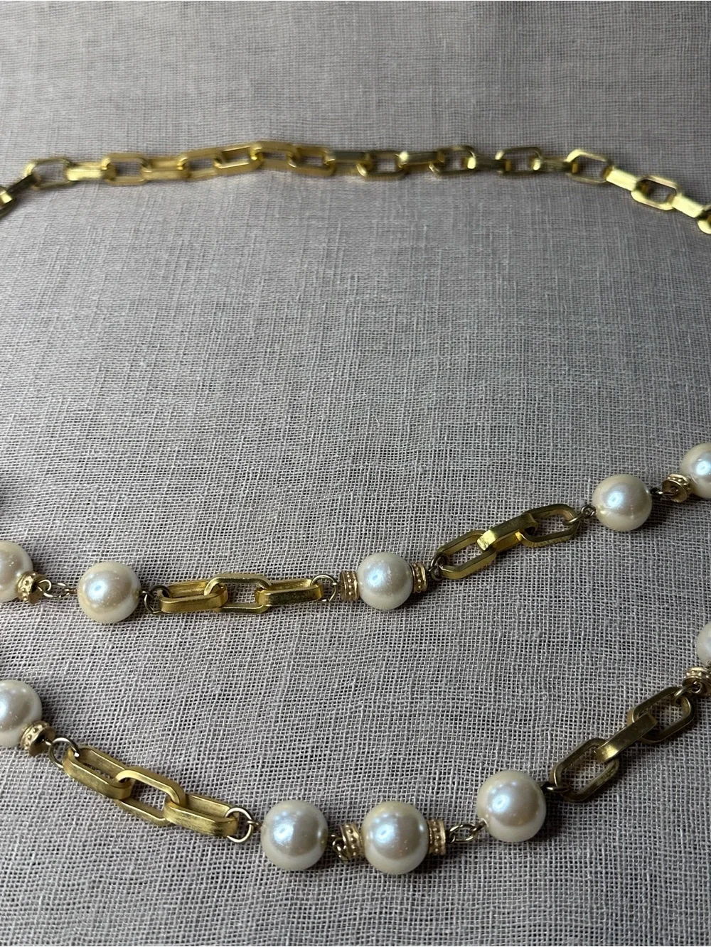Vintage 80s Gold Chain Belt Faux Pearl Swag Link Boho Adjustable Necklace